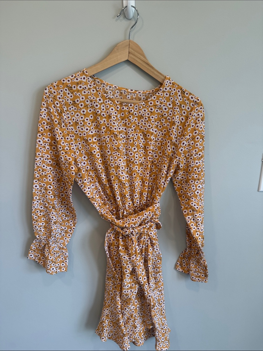 Mustard Floral Tie-Waist Long Sleeve Dress